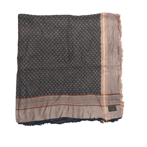 Gucci Vintage Brown Dual-Tone Monogram Orange Stripe Reversible Shawl Wrap Scarf - Picture 5 of 16